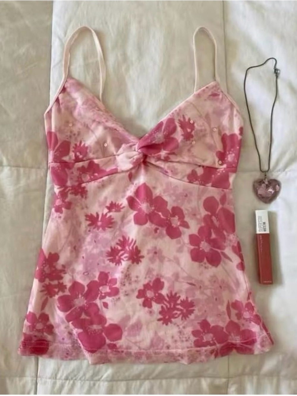 Y2K Pink Floral Twist-Front Cami Top